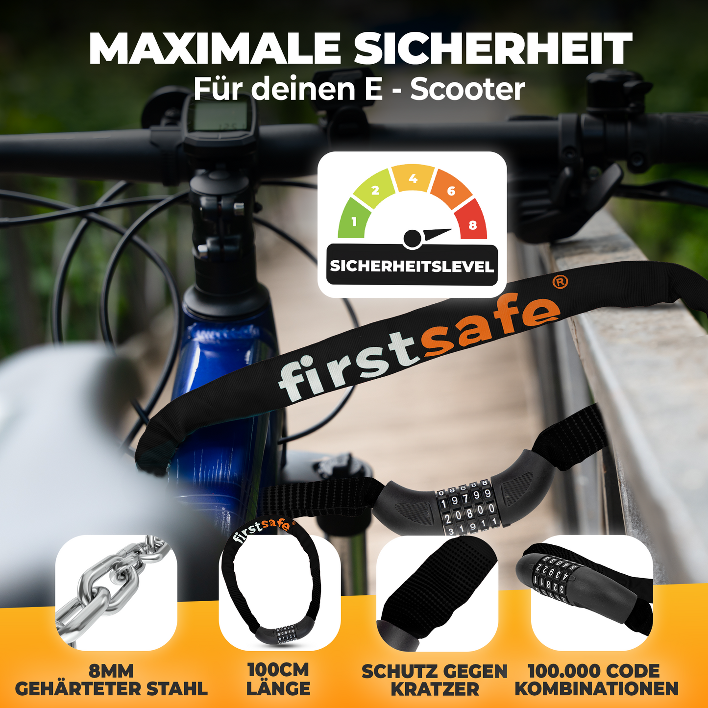 firstsafe® Fahrrad Kettenschloss mit Zahlencode