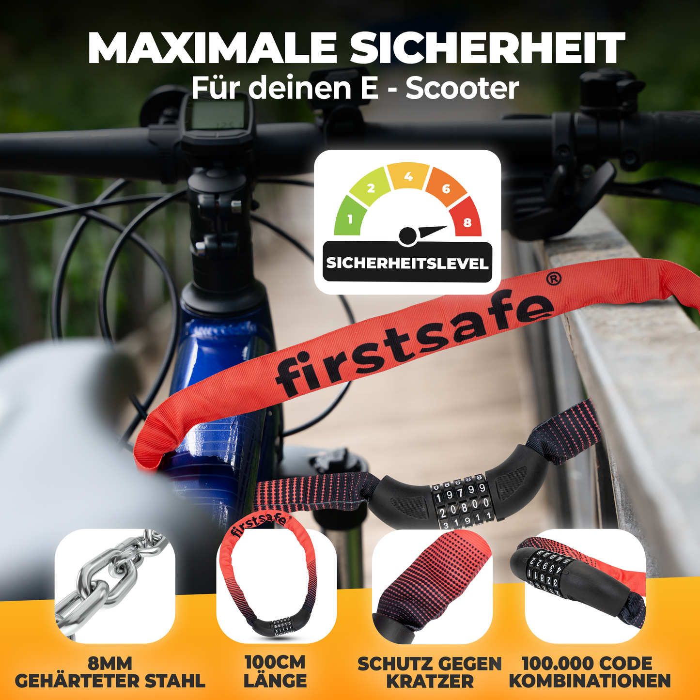 firstsafe® Fahrrad Kettenschloss mit Zahlencode