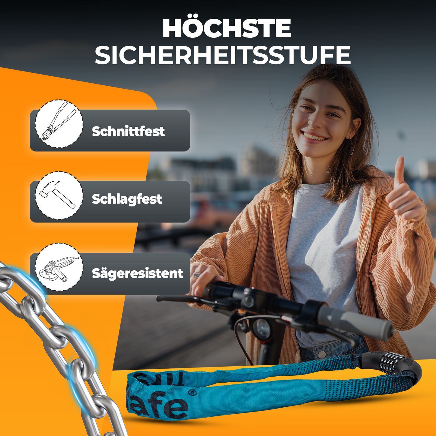 firstsafe® Fahrrad Kettenschloss mit Zahlencode