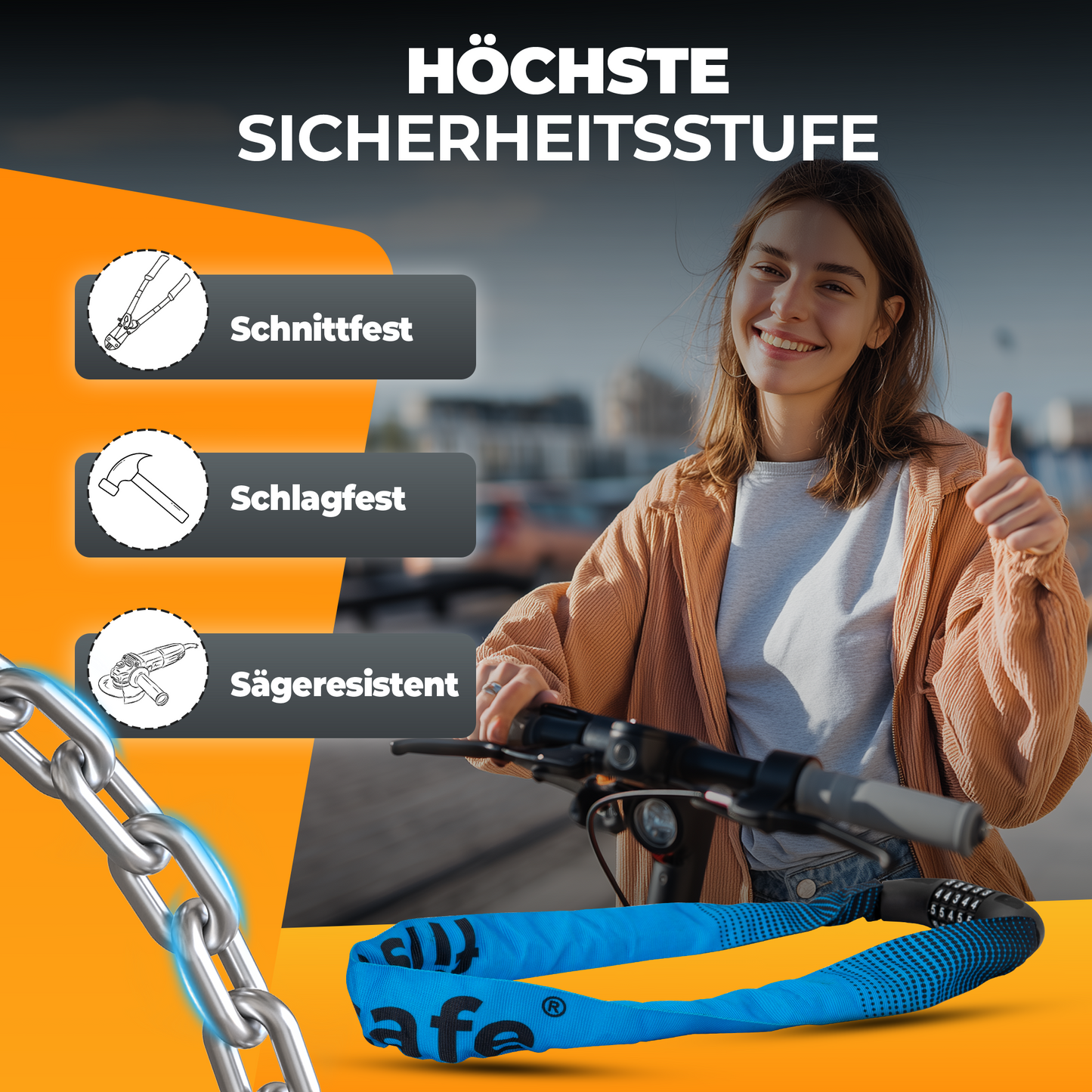 firstsafe® Fahrrad Kettenschloss mit Zahlencode