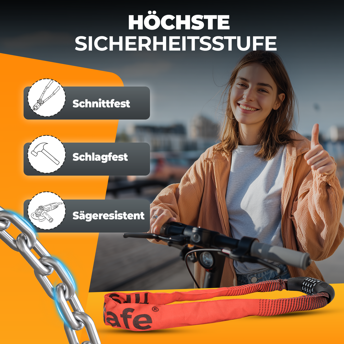firstsafe® Fahrrad Kettenschloss mit Zahlencode